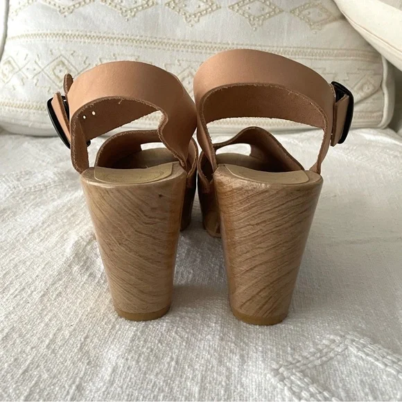 No. 6 Tan Leather Mules with Wooden Platform, Size 39 - Picture 9 of 15